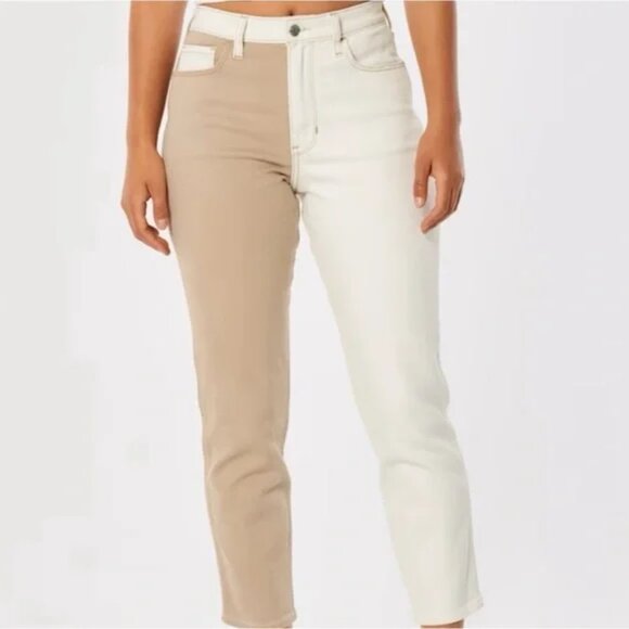 NWOT Hollister Junior Ultra High Rise Mom Jean - Color block Tan & Cream - Picture 1 of 7